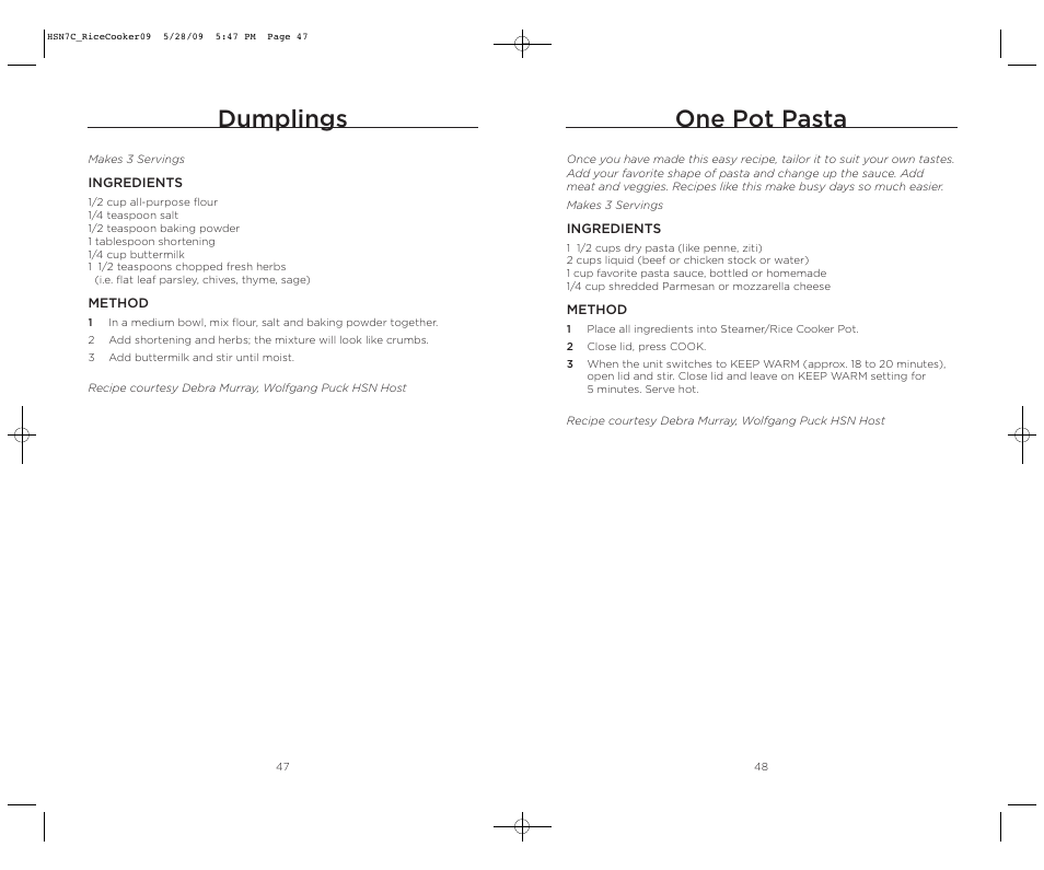 One pot pasta, Dumplings | Wolfgang Puck BDRCRS007 User Manual | Page 25 / 38