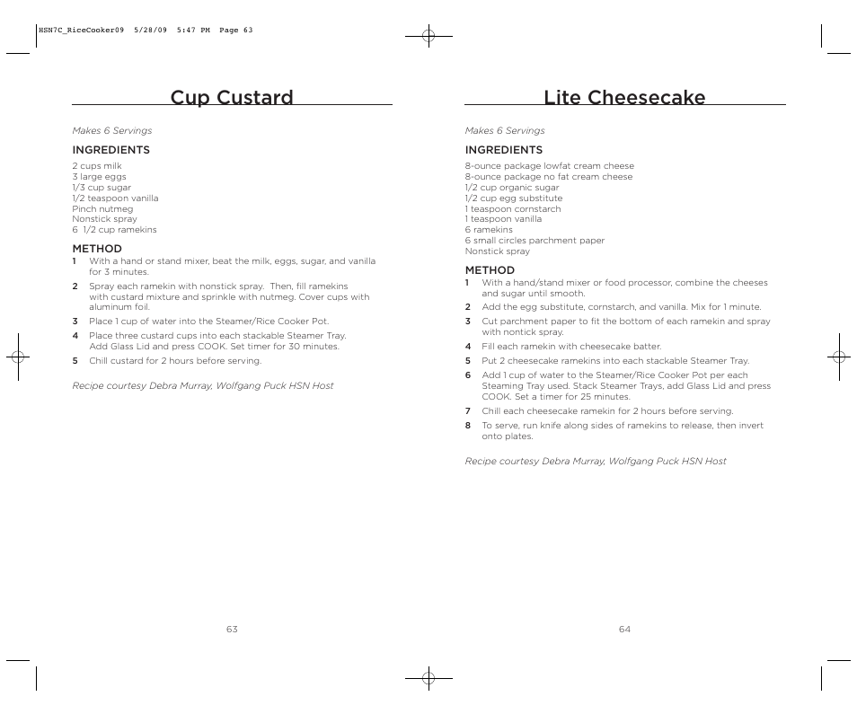 Cup custard, Lite cheesecake | Wolfgang Puck BDRCRS007 User Manual | Page 33 / 38