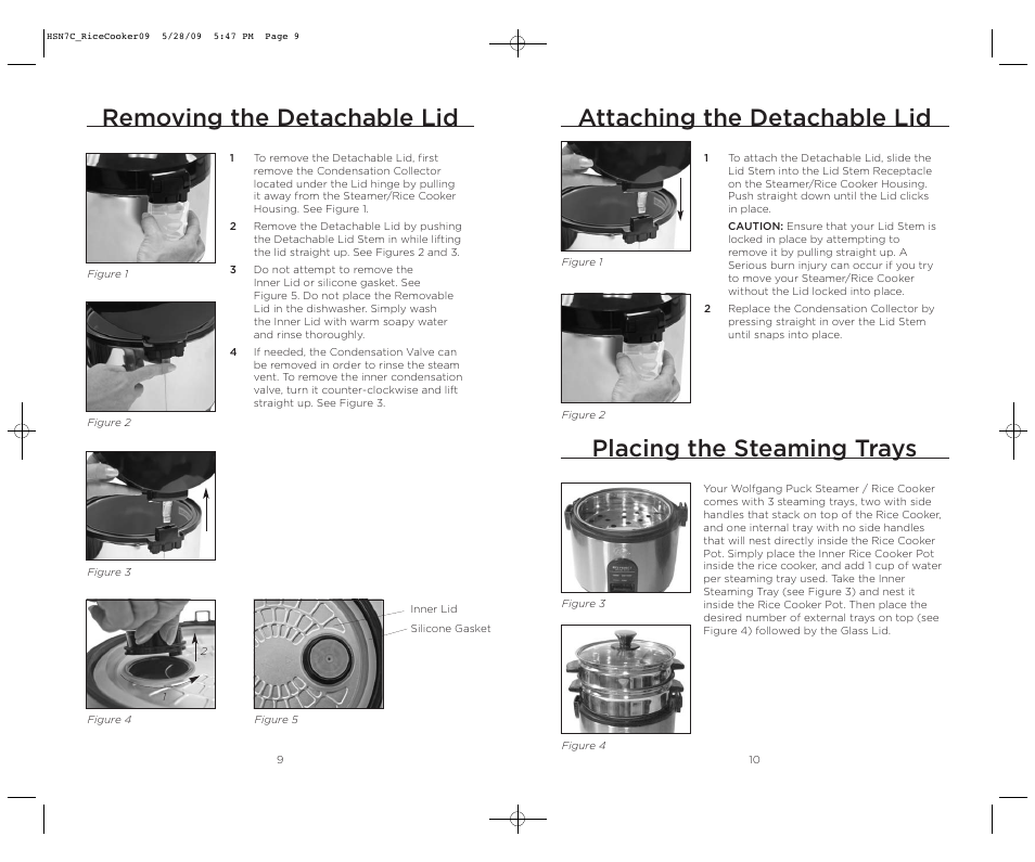 Attaching the detachable lid, Removing the detachable lid, Placing the steaming trays | Wolfgang Puck BDRCRS007 User Manual | Page 6 / 38