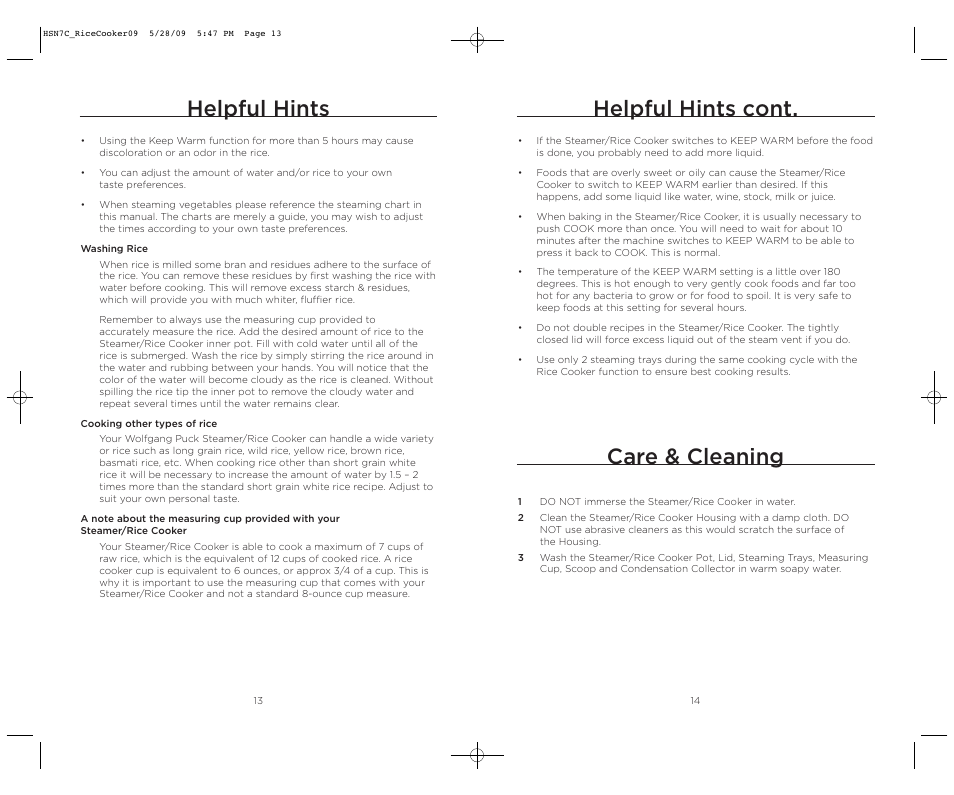 Helpful hints, Helpful hints cont, Care & cleaning | Wolfgang Puck BDRCRS007 User Manual | Page 8 / 38