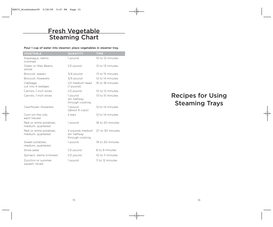 Recipes for using steaming trays, Fresh vegetable steaming chart | Wolfgang Puck BDRCRS007 User Manual | Page 9 / 38