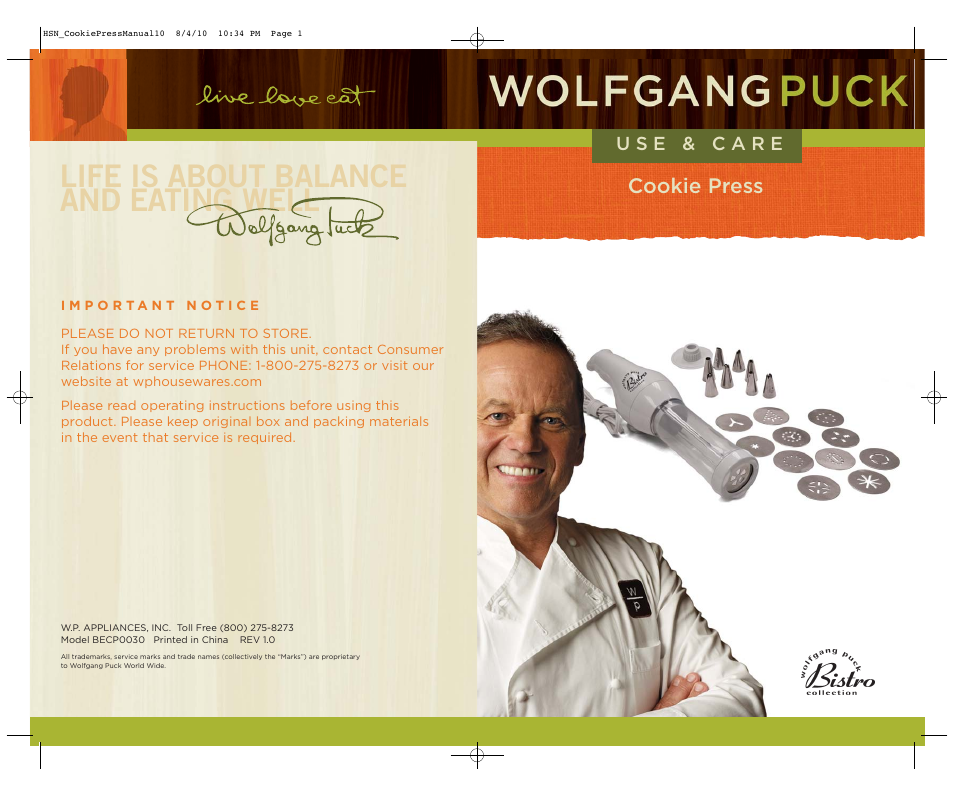 Wolfgang Puck BECP0030 User Manual | 18 pages