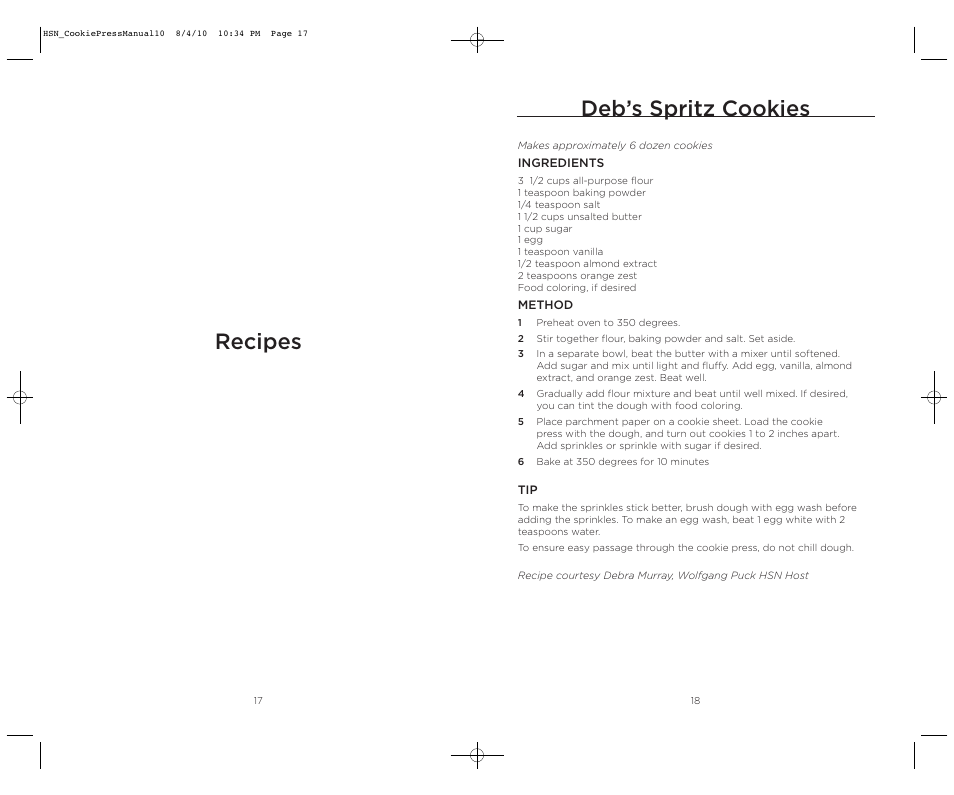 Deb’s spritz cookies, Recipes | Wolfgang Puck BECP0030 User Manual | Page 10 / 18