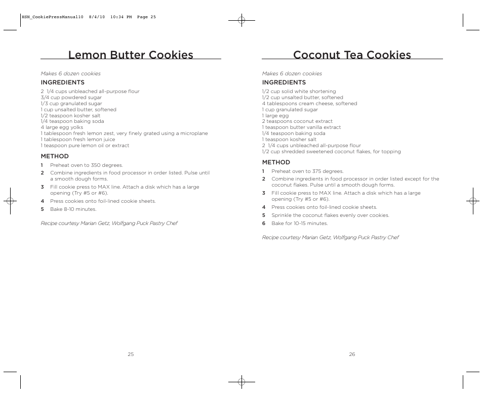 Coconut tea cookies, Lemon butter cookies | Wolfgang Puck BECP0030 User Manual | Page 14 / 18