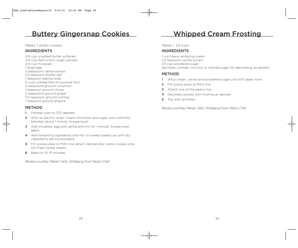 Whipped cream frosting, Buttery gingersnap cookies | Wolfgang Puck BECP0030 User Manual | Page 16 / 18