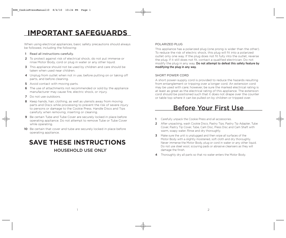 Important safeguards, Before your first use, Save these instructions | Household use only | Wolfgang Puck BECP0030 User Manual | Page 2 / 18