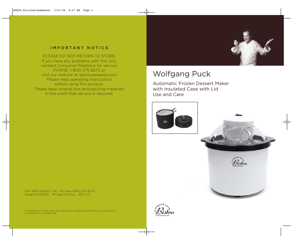 Wolfgang Puck BICM0015 User Manual | 16 pages