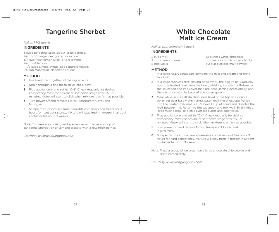 White chocolate malt ice cream, Tangerine sherbet | Wolfgang Puck BICM0015 User Manual | Page 15 / 16