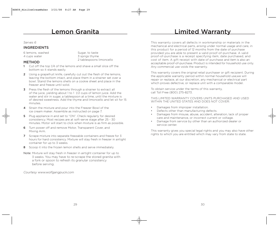 Limited warranty, Lemon granita | Wolfgang Puck BICM0015 User Manual | Page 16 / 16