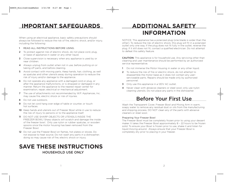 Additional safety information, Important safeguards, Save these instructions | Before your first use | Wolfgang Puck BICM0015 User Manual | Page 2 / 16