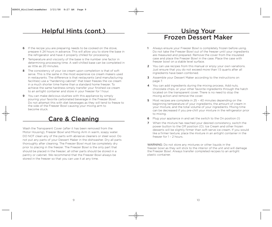 Using your frozen dessert maker, Helpful hints (cont.), Care & cleaning | Wolfgang Puck BICM0015 User Manual | Page 6 / 16