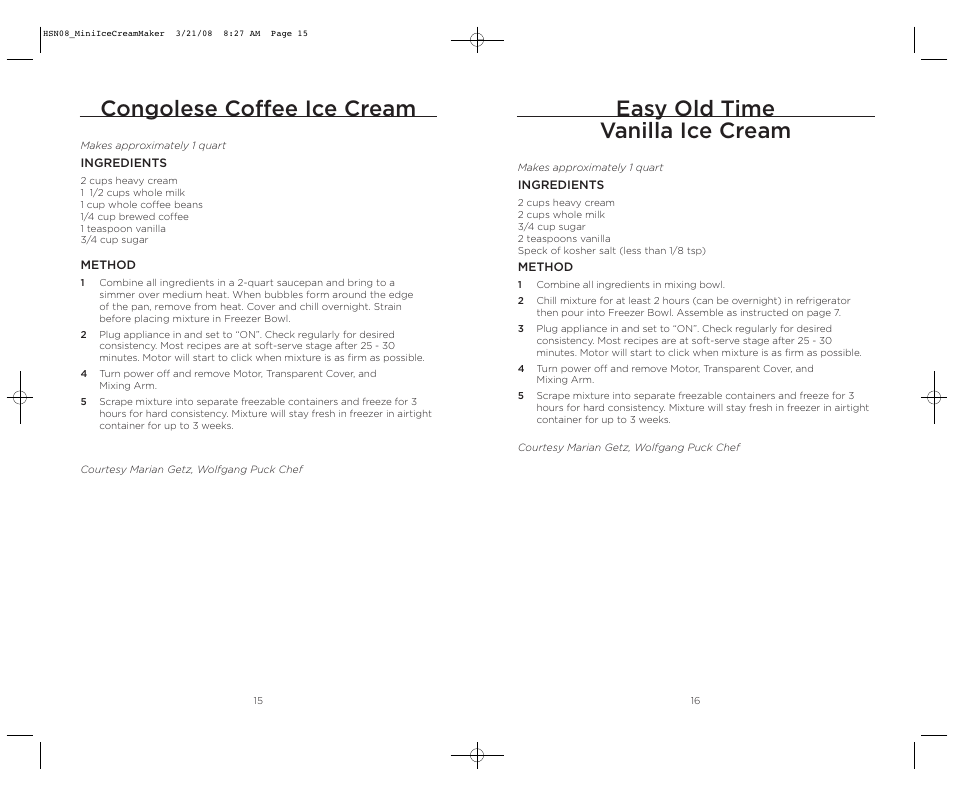 Easy old time vanilla ice cream, Congolese coffee ice cream | Wolfgang Puck BICM0015 User Manual | Page 9 / 16