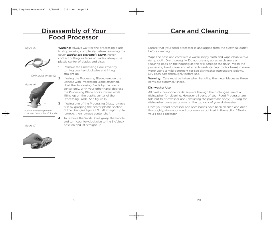 Care and cleaning, Disassembly of your food processor | Wolfgang Puck BFPR0007 User Manual | Page 11 / 46