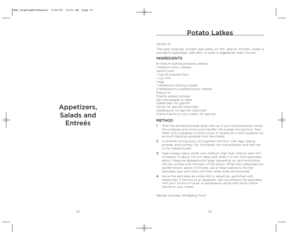 Potato latkes, Appetizers, salads and entreés | Wolfgang Puck BFPR0007 User Manual | Page 13 / 46