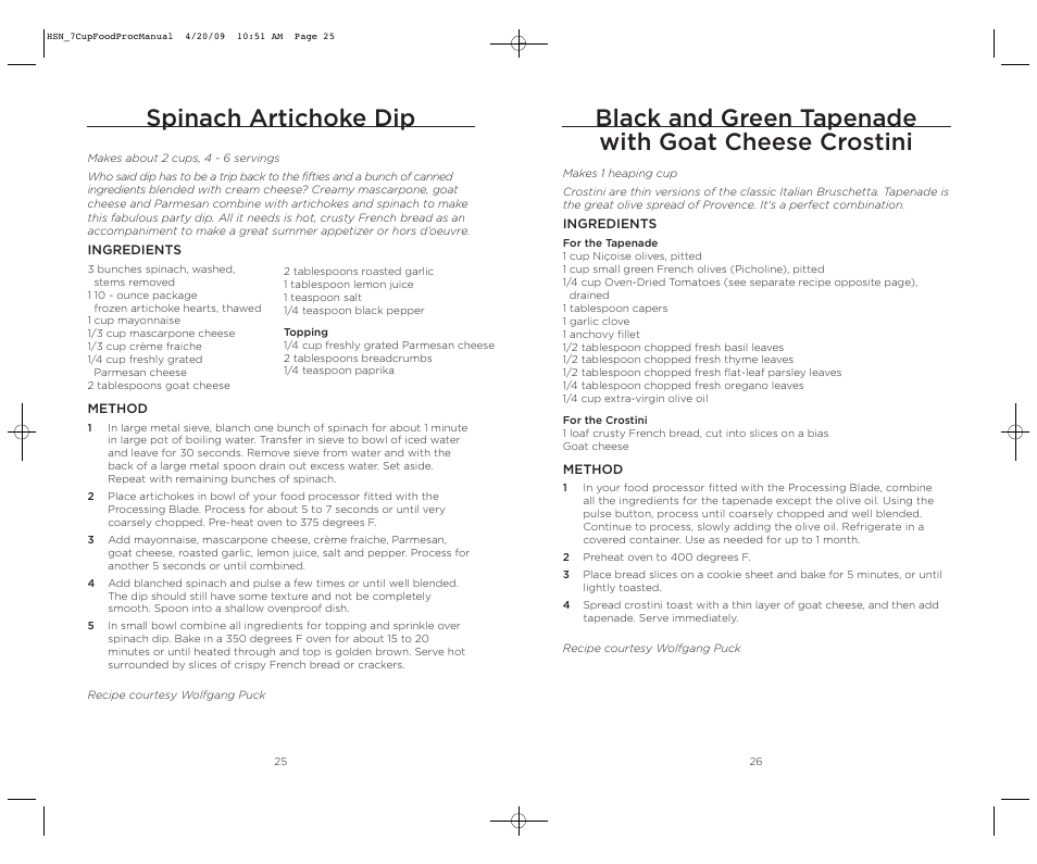 Black and green tapenade with goat cheese crostini, Spinach artichoke dip | Wolfgang Puck BFPR0007 User Manual | Page 14 / 46