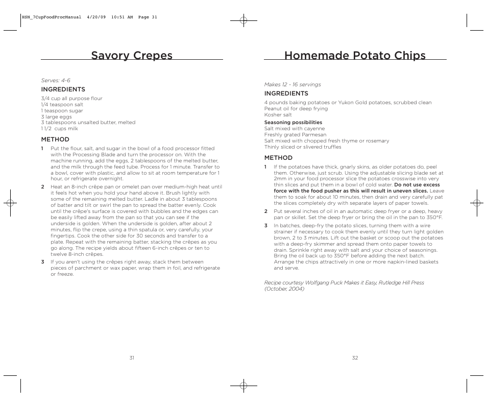 Homemade potato chips, Savory crepes | Wolfgang Puck BFPR0007 User Manual | Page 17 / 46