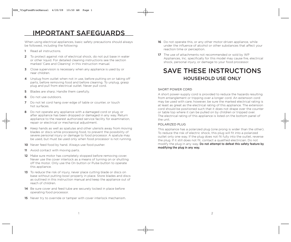 Important safeguards, Save these instructions, Household use only | Wolfgang Puck BFPR0007 User Manual | Page 2 / 46