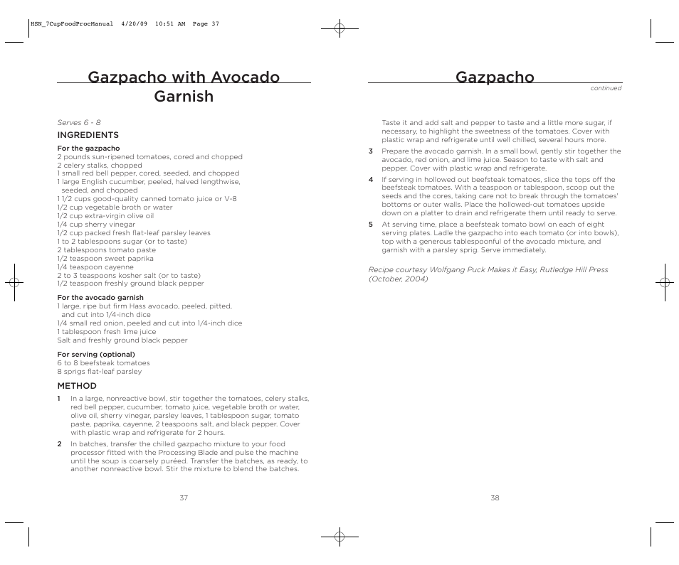 Gazpacho with avocado garnish, Gazpacho | Wolfgang Puck BFPR0007 User Manual | Page 20 / 46