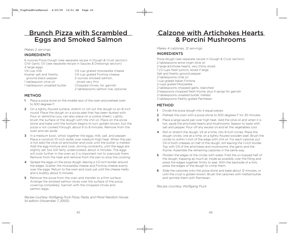 Calzone with artichokes hearts & porcini mushrooms, Brunch pizza with scrambled eggs and smoked salmon | Wolfgang Puck BFPR0007 User Manual | Page 24 / 46