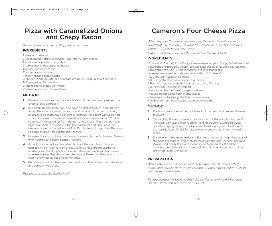 Cameron’s four cheese pizza, Pizza with caramelized onions and crispy bacon | Wolfgang Puck BFPR0007 User Manual | Page 26 / 46