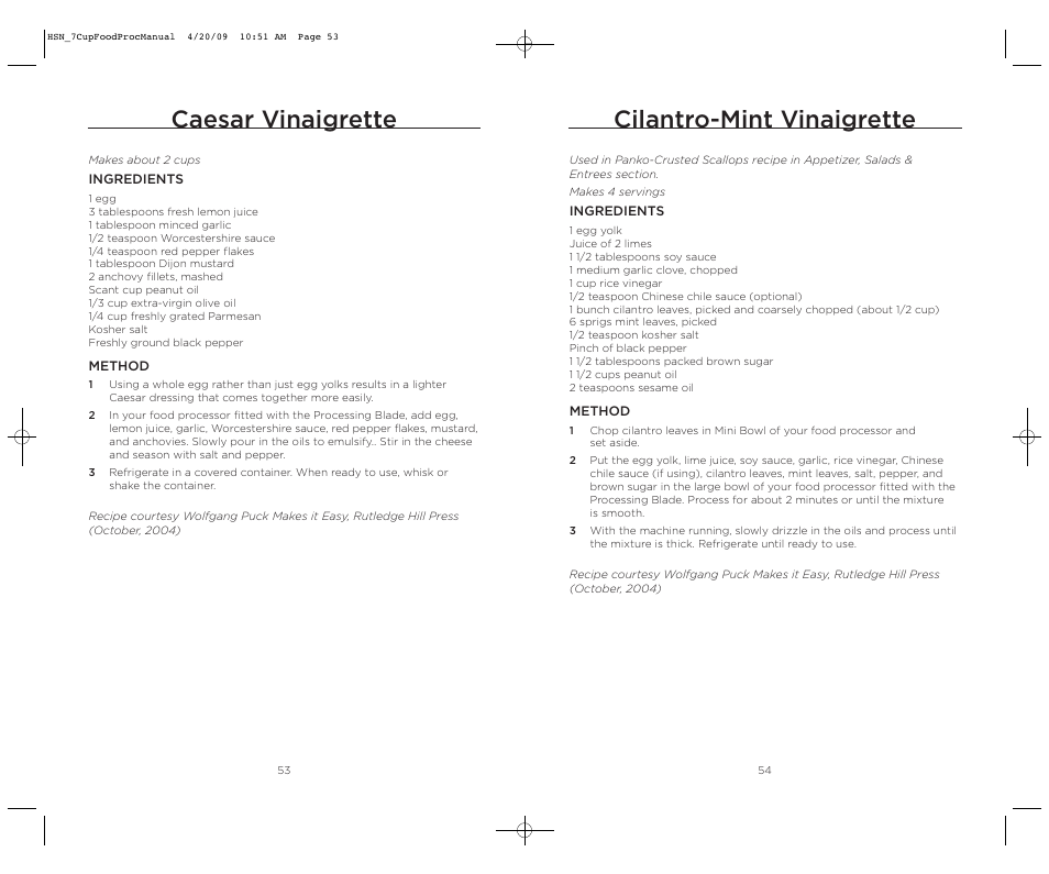 Cilantro-mint vinaigrette, Caesar vinaigrette | Wolfgang Puck BFPR0007 User Manual | Page 28 / 46