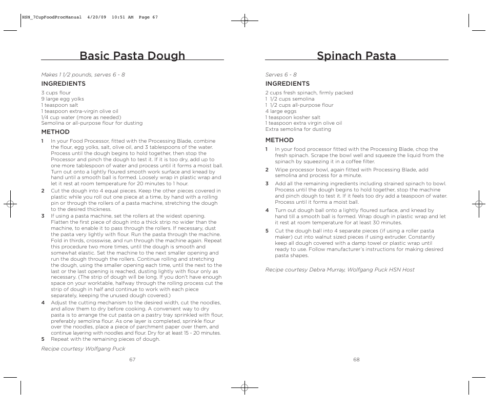 Spinach pasta, Basic pasta dough | Wolfgang Puck BFPR0007 User Manual | Page 35 / 46