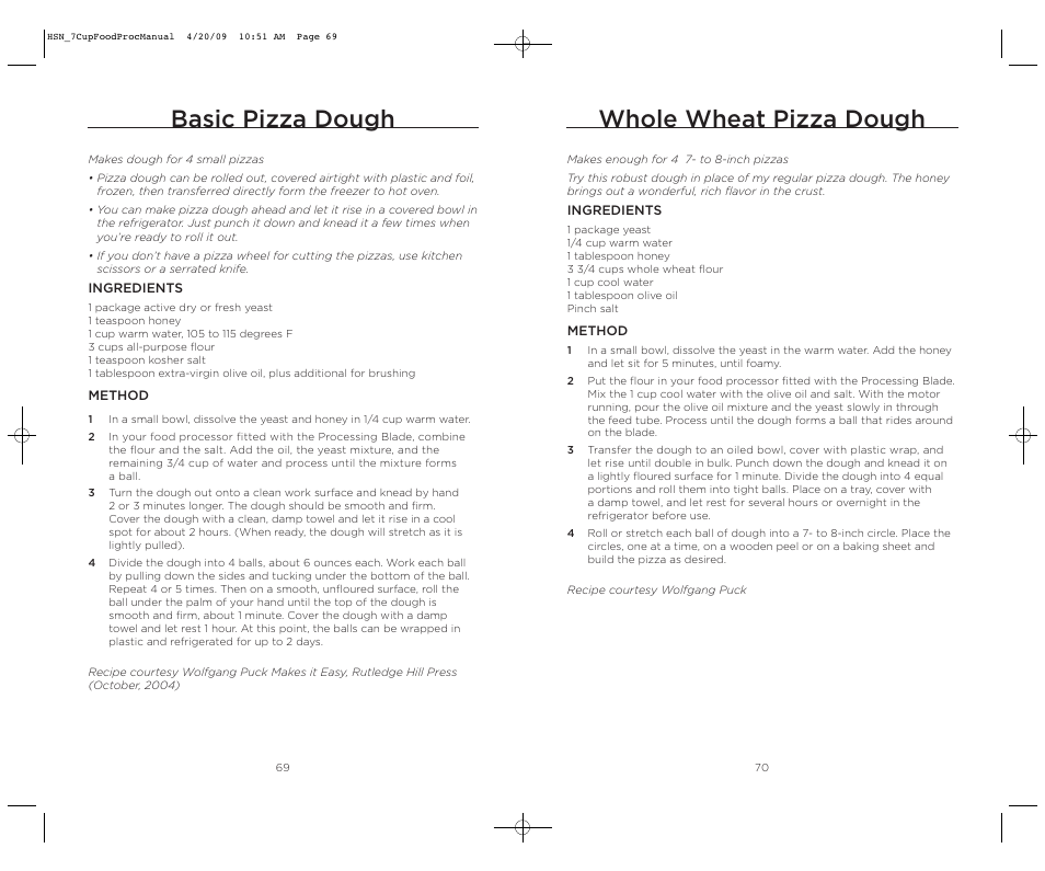 Whole wheat pizza dough, Basic pizza dough | Wolfgang Puck BFPR0007 User Manual | Page 36 / 46