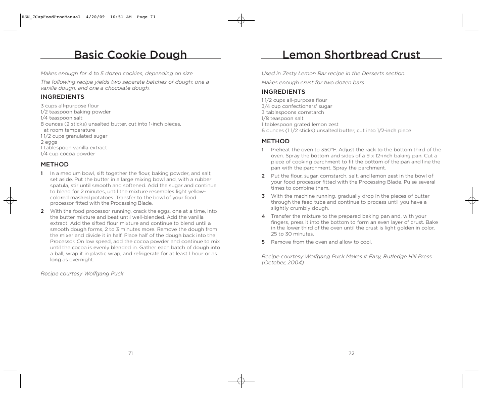 Lemon shortbread crust, Basic cookie dough | Wolfgang Puck BFPR0007 User Manual | Page 37 / 46