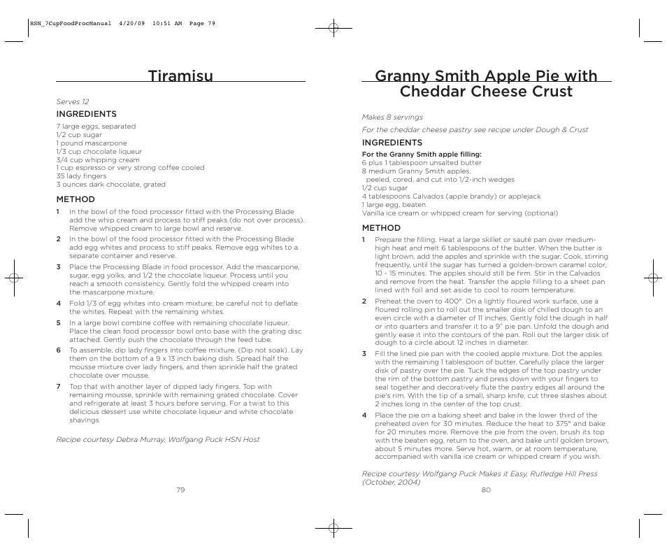 Granny smith apple pie with cheddar cheese crust, Tiramisu | Wolfgang Puck BFPR0007 User Manual | Page 41 / 46