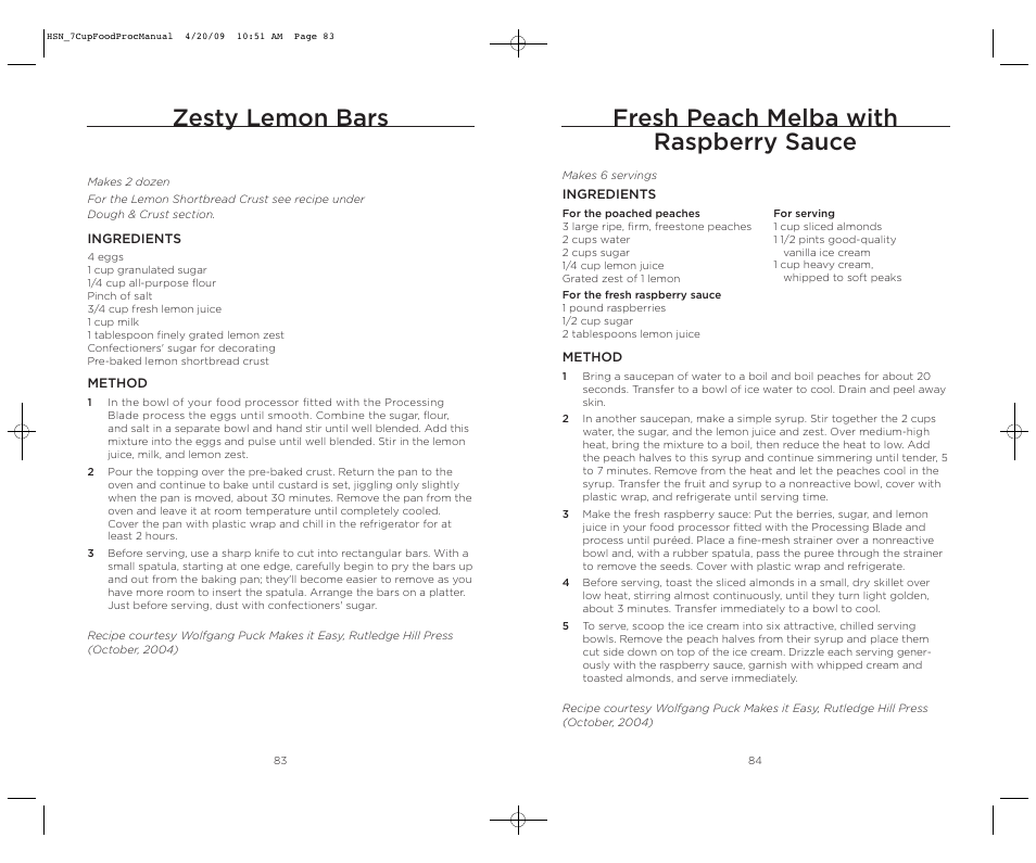 Fresh peach melba with raspberry sauce, Zesty lemon bars | Wolfgang Puck BFPR0007 User Manual | Page 43 / 46