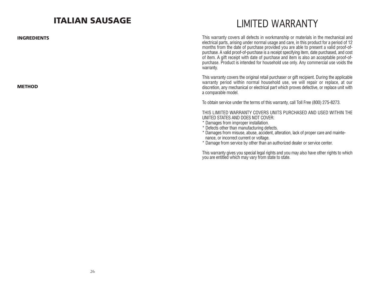 Limited warranty, Italian sausage | Wolfgang Puck BISTRO BMSD0010 User Manual | Page 14 / 14