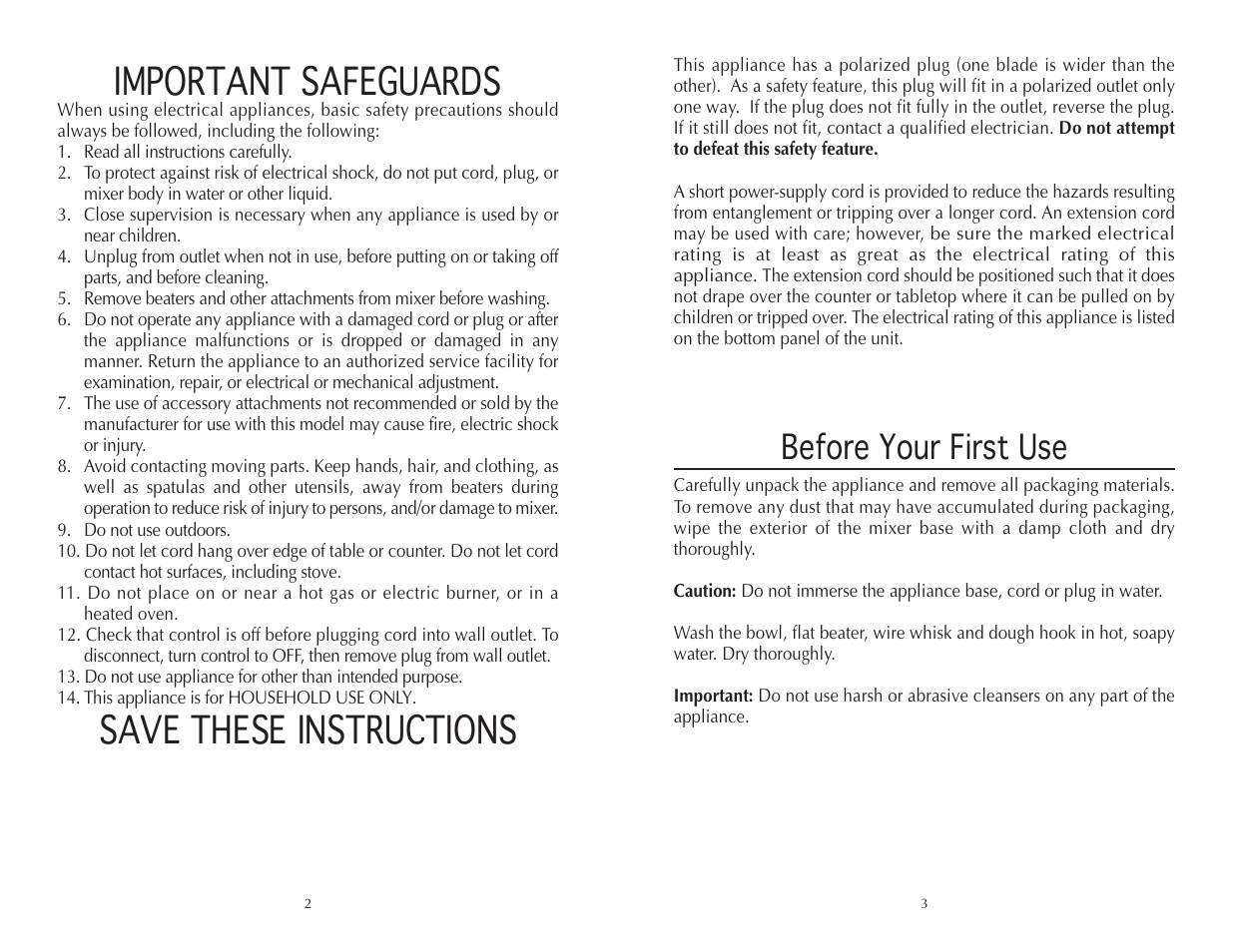 Important safeguards, Save these instructions, Before your first use | Wolfgang Puck BISTRO BMSD0010 User Manual | Page 2 / 14