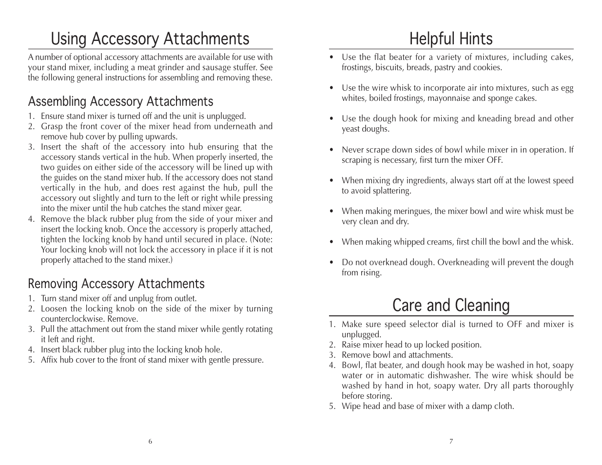 Helpful hints, Care and cleaning, Using accessory attachments | Assembling accessory attachments, Removing accessory attachments | Wolfgang Puck BISTRO BMSD0010 User Manual | Page 4 / 14
