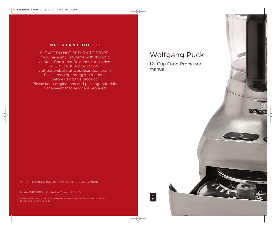 Wolfgang Puck WPMFP15 User Manual | 46 pages