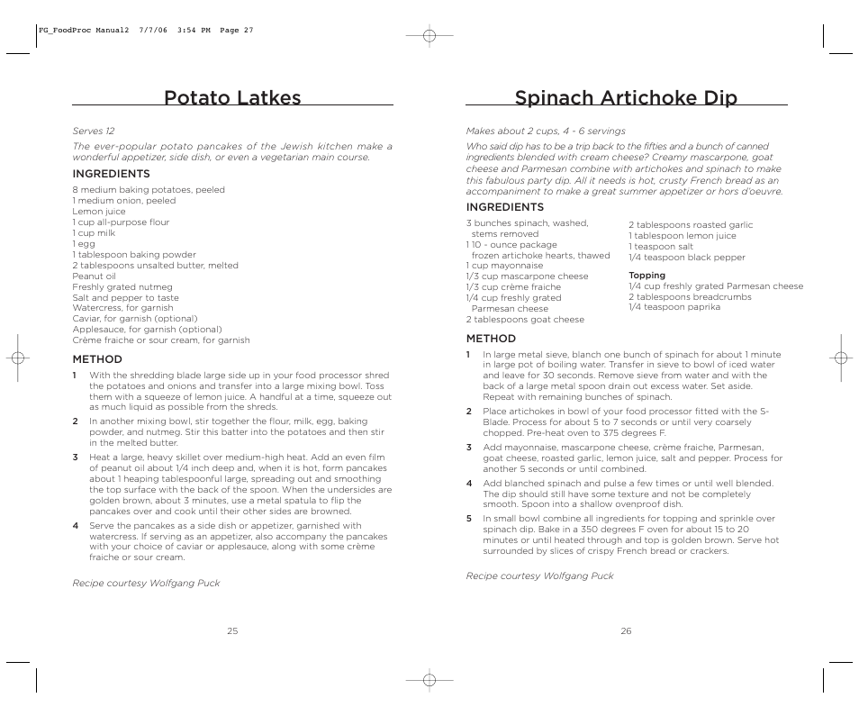 Spinach artichoke dip, Potato latkes | Wolfgang Puck WPMFP15 User Manual | Page 14 / 46