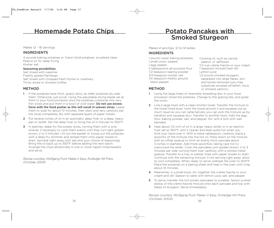 Potato pancakes with smoked sturgeon, Homemade potato chips | Wolfgang Puck WPMFP15 User Manual | Page 19 / 46