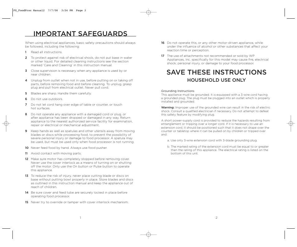 Important safeguards, Save these instructions, Household use only | Wolfgang Puck WPMFP15 User Manual | Page 2 / 46