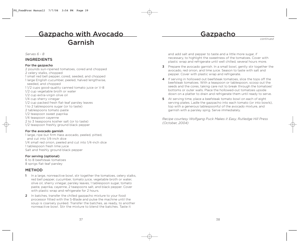 Gazpacho with avocado garnish, Gazpacho | Wolfgang Puck WPMFP15 User Manual | Page 20 / 46