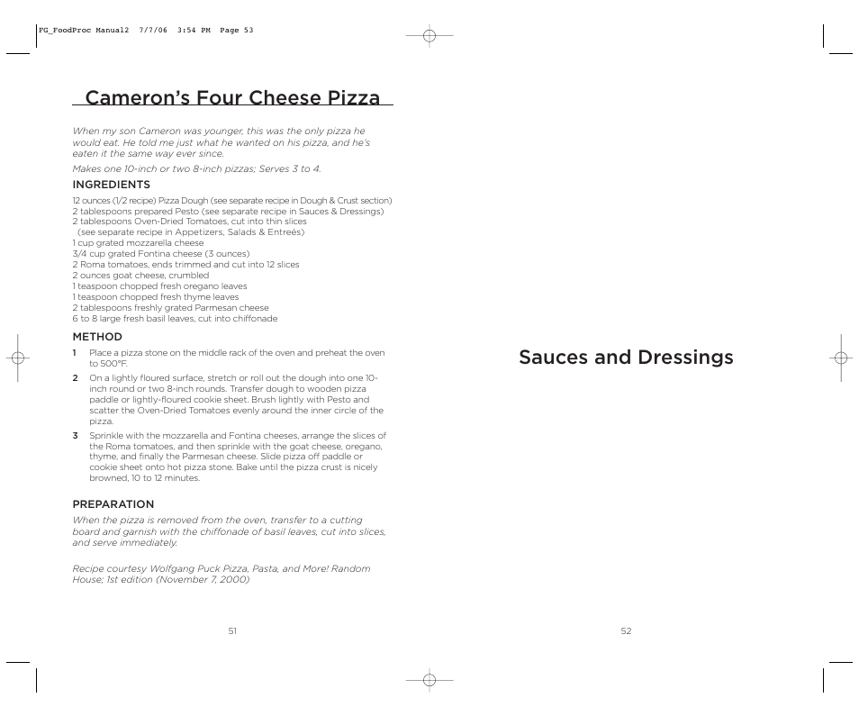 Sauces and dressings, Cameron’s four cheese pizza | Wolfgang Puck WPMFP15 User Manual | Page 27 / 46
