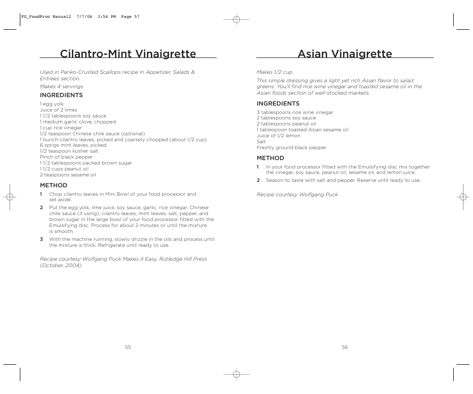 Asian vinaigrette, Cilantro-mint vinaigrette | Wolfgang Puck WPMFP15 User Manual | Page 29 / 46