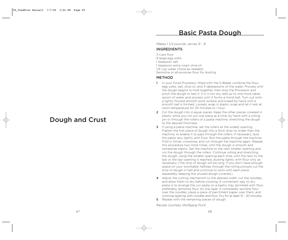 Basic pasta dough, Dough and crust | Wolfgang Puck WPMFP15 User Manual | Page 35 / 46