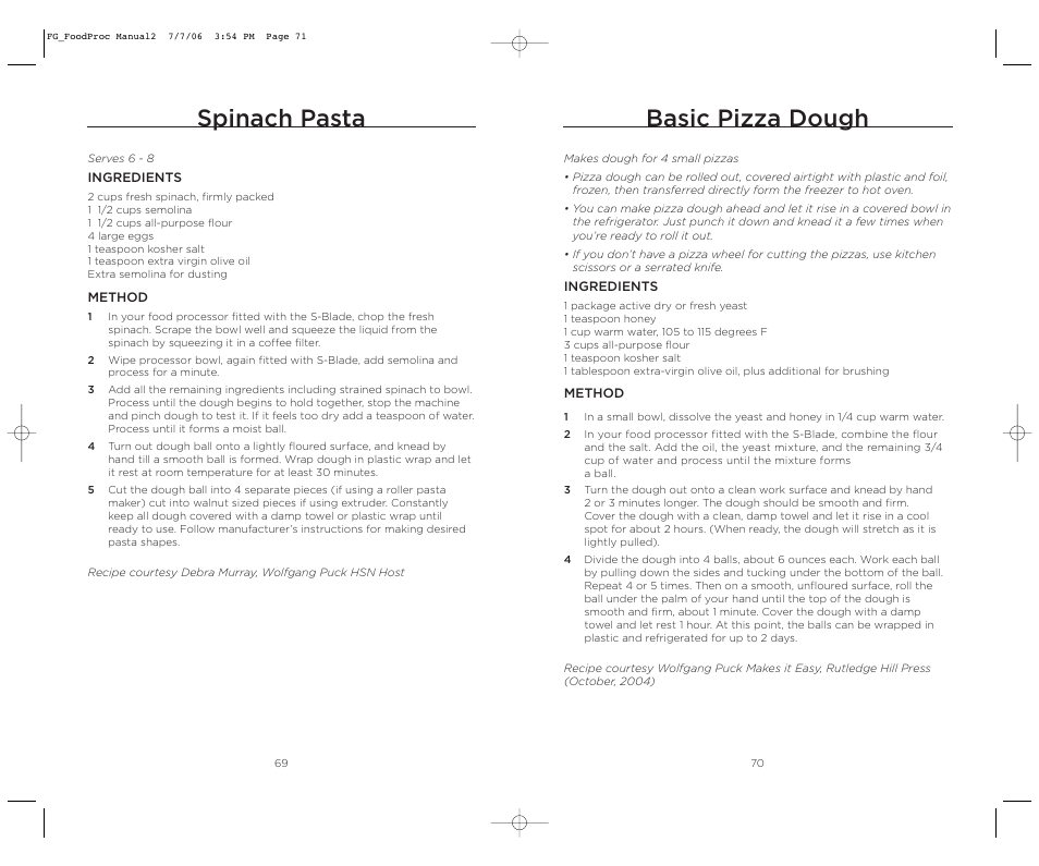 Basic pizza dough, Spinach pasta | Wolfgang Puck WPMFP15 User Manual | Page 36 / 46