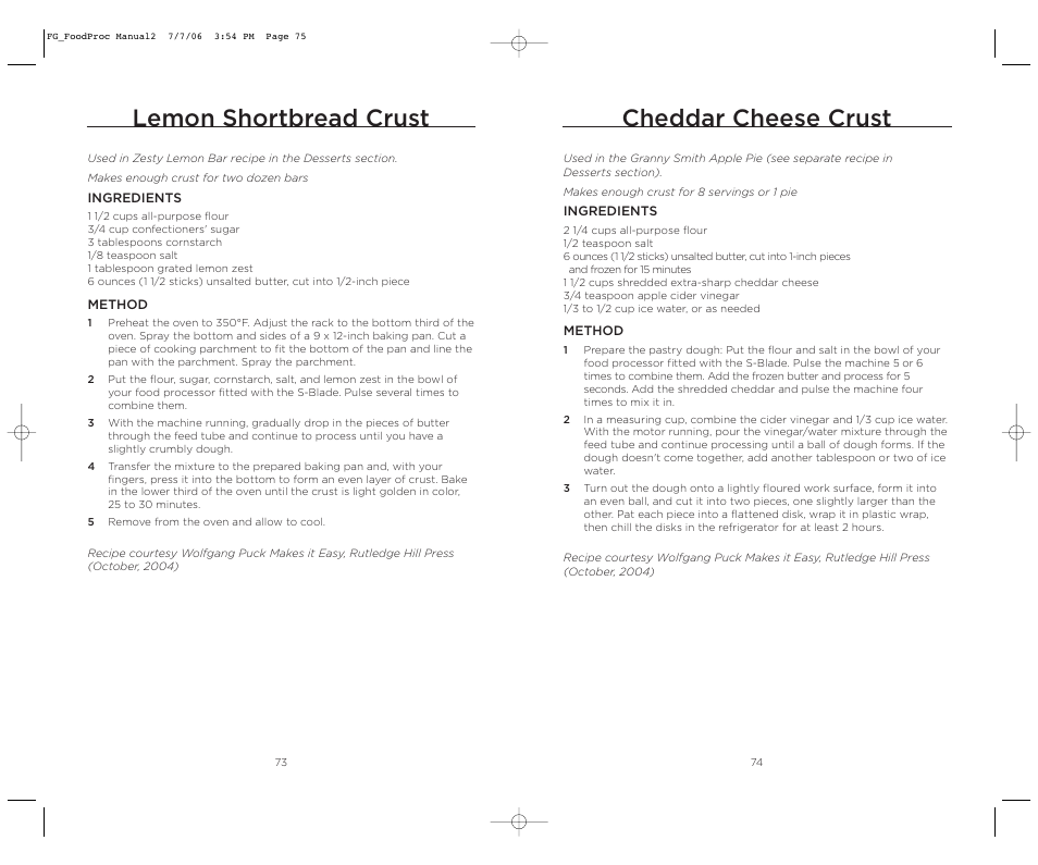 Cheddar cheese crust, Lemon shortbread crust | Wolfgang Puck WPMFP15 User Manual | Page 38 / 46