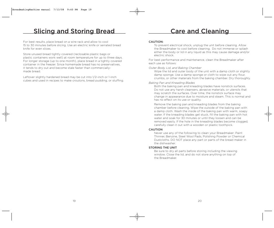 Care and cleaning, Slicing and storing bread | Wolfgang Puck BBME025 User Manual | Page 11 / 35