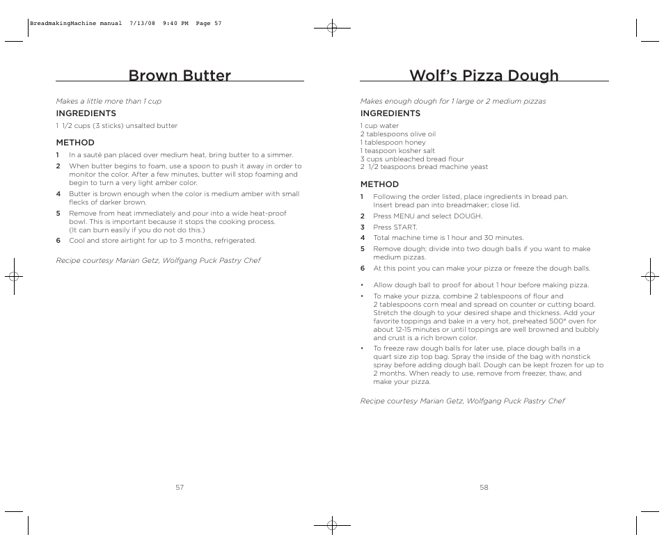 Wolf’s pizza dough, Brown butter | Wolfgang Puck BBME025 User Manual | Page 30 / 35