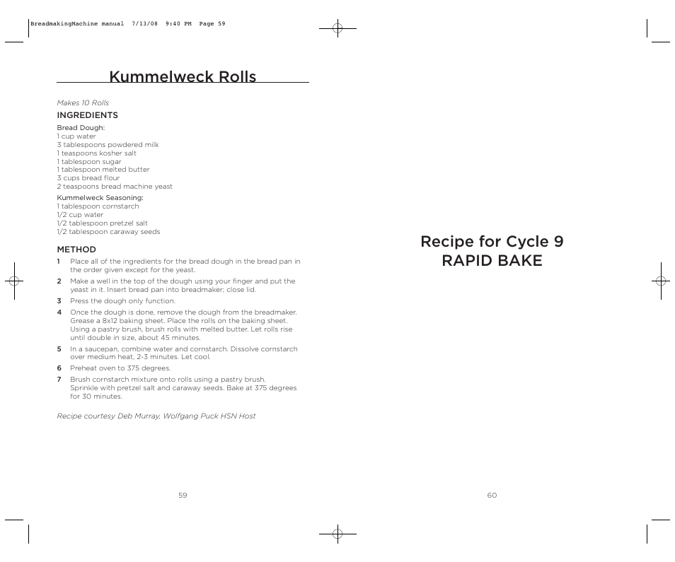 Recipe for cycle 9 rapid bake, Kummelweck rolls | Wolfgang Puck BBME025 User Manual | Page 31 / 35