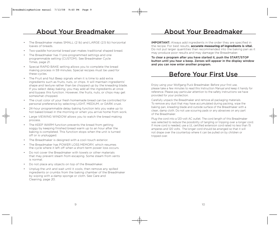 About your breadmaker, Before your first use | Wolfgang Puck BBME025 User Manual | Page 6 / 35