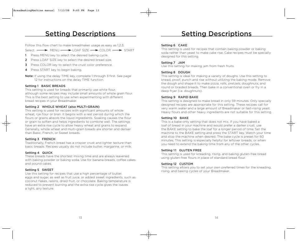 Setting descriptions | Wolfgang Puck BBME025 User Manual | Page 8 / 35