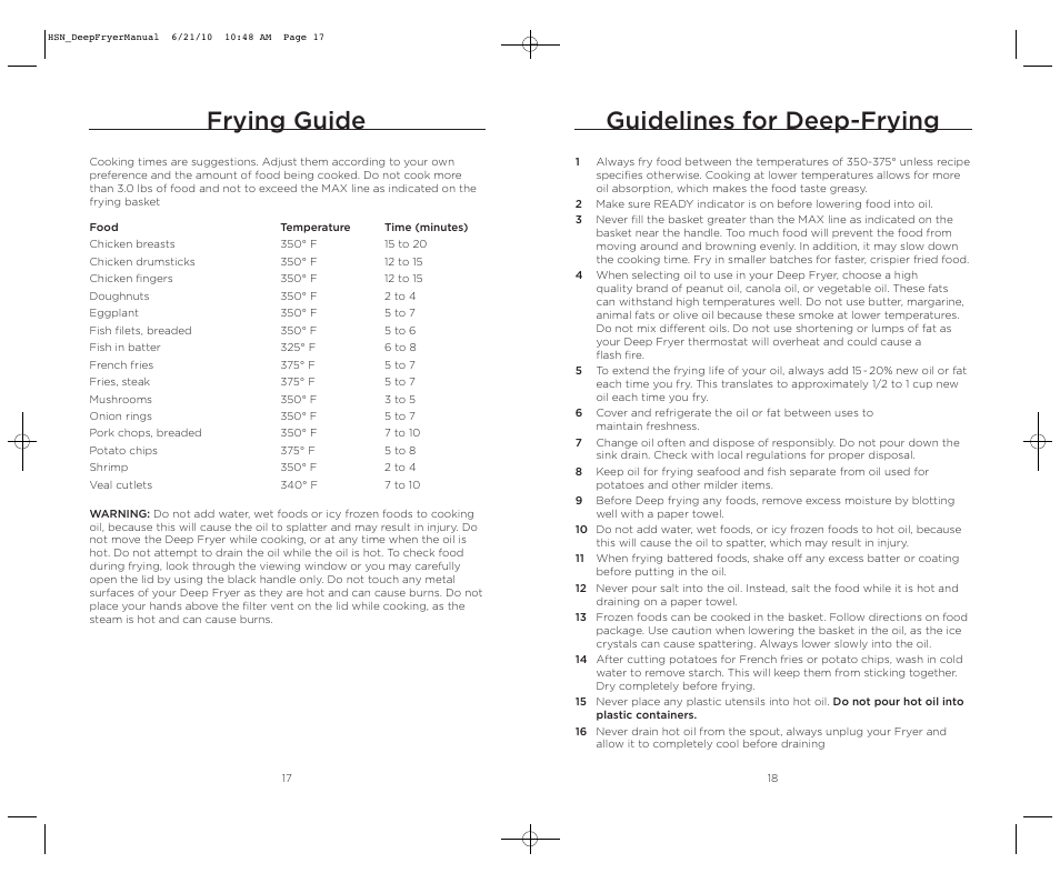 Guidelines for deep-frying, Frying guide | Wolfgang Puck BDFR0060 User Manual | Page 10 / 28