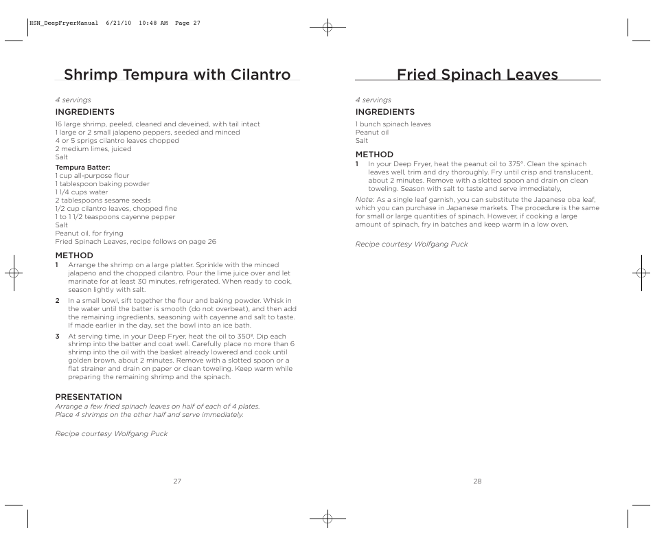 Shrimp tempura with cilantro, Fried spinach leaves | Wolfgang Puck BDFR0060 User Manual | Page 15 / 28